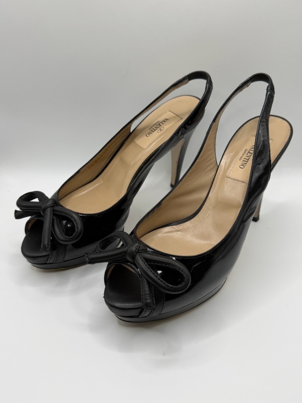 Valentino Garavani | Black Patent Leather Slingback Heels Bow Peep Toe |  36 - Picture 2 of 16